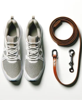 DALL·E 2024-03-04 01.40.48 - An image showcasing a single pair of women's running shoes and one leather dog leash on a white background. The view should be from above, highlightin