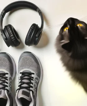 DALL·E 2024-07-17 17.29.23 - Top-down view of one pair of running shoes and music headphones on a white background. A dark gray, long-haired cat with even longer fur is creeping i