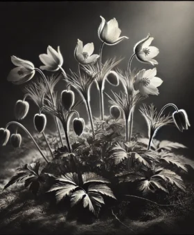 DALL·E 2024-08-29 19.05.54 - A black and white photograph of flowers in a natural setting, taken from a slightly farther distance than a close-up. The image shows a cluster of del