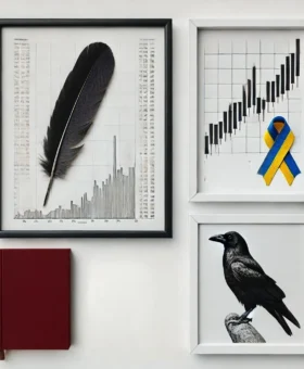 DALL·E 2024-10-10 14.06.27 - A minimalistic collage on a white background featuring a bird feather, a stock market graph, a Ukraine ribbon pin, and a framed picture of a crow. The