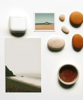 DALL·E 2024-10-10 16.46.33 - A minimalistic collage on a white background, featuring a travel postcard, a couple of small spice jars, with an empty space left where the AirPods ea